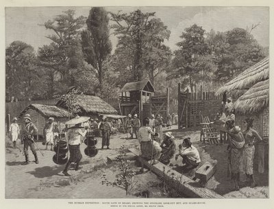 De Burmah-expeditie, Zuidpoort van Bhamo, met de palissade, uitkijkhut en wachthuis door Amedee Forestier
